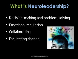 What is Neuroleadership?
• Decision-making and problem-solving
• Emotional regulation
• Collaborating
• Facilitating change
http://concentricleadership.com
 