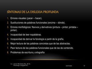SÍNTOMAS DE LA DISLEXIA PROFUNDA
24/07/2020
Lic. Javier Mendieta Paz, M.Sc.
Psicólogo (mpgj58-97) 17
1. Errores visuales (yacer – hacer).
2. Sustituciones de palabras funcionales (encima – dónde).
3. Errores morfológicos: flexivos y derivativos (pintura – pintor; pintaba –
pintar).
4. Incapacidad de leer nopalabras.
5. Incapacidad de derivar la fonología a partir de la grafía.
6. Mejor lectura de las palabras concretas que de las abstractas.
7. Peor lectura de las palabras funcionales que de las de contenido.
8. Problemas de escritura y ortografía
 