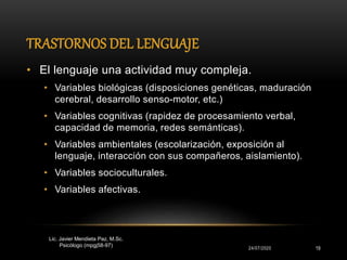 TRASTORNOS DEL LENGUAJE
24/07/2020 19
• El lenguaje una actividad muy compleja.
• Variables biológicas (disposiciones genéticas, maduración
cerebral, desarrollo senso-motor, etc.)
• Variables cognitivas (rapidez de procesamiento verbal,
capacidad de memoria, redes semánticas).
• Variables ambientales (escolarización, exposición al
lenguaje, interacción con sus compañeros, aislamiento).
• Variables socioculturales.
• Variables afectivas.
Lic. Javier Mendieta Paz, M.Sc.
Psicólogo (mpgj58-97)
 