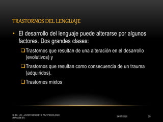 TRASTORNOS DEL LENGUAJE
24/07/2020
M.SC. LIC. JAVIER MENDIETA PAZ PSICÓLOGO
(MPGJ58-97)
20
• El desarrollo del lenguaje puede alterarse por algunos
factores. Dos grandes clases:
Trastornos que resultan de una alteración en el desarrollo
(evolutivos) y
Trastornos que resultan como consecuencia de un trauma
(adquiridos).
Trastornos mixtos
 
