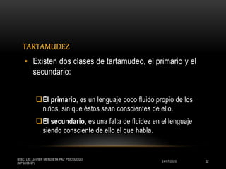 TARTAMUDEZ
24/07/2020
M.SC. LIC. JAVIER MENDIETA PAZ PSICÓLOGO
(MPGJ58-97)
32
• Existen dos clases de tartamudeo, el primario y el
secundario:
El primario, es un lenguaje poco fluido propio de los
niños, sin que éstos sean conscientes de ello.
El secundario, es una falta de fluidez en el lenguaje
siendo consciente de ello el que habla.
 