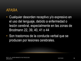 AFASIA
24/07/2020
M.SC. LIC. JAVIER MENDIETA PAZ PSICÓLOGO
(MPGJ58-97)
49
• Cualquier desorden receptivo y/o expresivo en
el uso del lenguaje, debido a enfermedad o
lesión cerebral, especialmente en las zonas de
Brodmann 22, 39, 40, 41 o 44
• Son trastornos de la conducta verbal que se
producen por lesiones cerebrales.
 