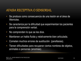 AFASIA RECEPTIVA O SENSORIAL
24/07/2020
M.SC. LIC. JAVIER MENDIETA PAZ PSICÓLOGO
(MPGJ58-97)
51
• Se produce como consecuencia de una lesión en el área de
Wernicke.
• Se caracteriza por la dificultad que experimentan los pacientes
para la comprensión verbal.
• No comprenden lo que se les dice.
• Mantienen un habla fluida y relativamente bien articulada.
• Cometen muchos errores de sustitución (parafasias).
• Tienen dificultades para recuperar ciertos nombres de objetos,
animales o personas (anomias).
 