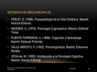 REFERENCIAS BIBLIOGRÁFICAS
24/07/2020
M.SC. LIC. JAVIER MENDIETA PAZ PSICÓLOGO
(MPGJ58-97)
58
• FREUD, S. (1998). Psicopatología de la Vida Cotidiana. Madrid:
Alianza Editorial.
• NEISSER, U. (1976). Psicología Cognoscitiva. México: Editorial
Trillas.
• PUENTE FERRERAS, A. (1998). Cognición y Aprendizaje.
Madrid: Editorial Pirámide.
• VALLE ARROYO, F. (1992). Psicolingüística. Madrid: Ediciones
Morata.
• VEGA de, M. (1993). Introducción a la Psicología Cognitiva.
Madrid: Alianza Editorial.
 