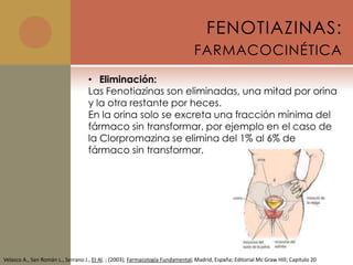 FENOTIAZINAS:
                                                                                FARMACOCINÉTICA
                                   • Eliminación:
                                   Las Fenotiazinas son eliminadas, una mitad por orina
                                   y la otra restante por heces.
                                   En la orina solo se excreta una fracción mínima del
                                   fármaco sin transformar, por ejemplo en el caso de
                                   la Clorpromazina se elimina del 1% al 6% de
                                   fármaco sin transformar.




Velasco A., San Román L., Serrano J., Et Al. ; (2003); Farmacología Fundamental; Madrid, España; Editorial Mc Graw Hill; Capitulo 20
 
