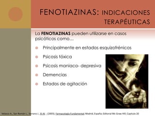 FENOTIAZINAS: INDICACIONES
                                                                                                  TERAPÉUTICAS
                                La FENOTIAZINAS pueden utilizarse en casos
                                psicóticos como…

                                      Principalmente en estados esquizofrénicos

                                      Psicosis tóxica

                                      Psicosis maniaco- depresiva

                                      Demencias

                                      Estados de agitación




Velasco A., San Román L., Serrano J., Et Al. ; (2003); Farmacología Fundamental; Madrid, España; Editorial Mc Graw Hill; Capitulo 20
 