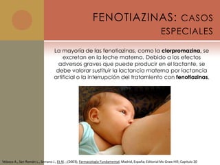 FENOTIAZINAS: CASOS
                                                                                                           ESPECIALES

                                   La mayoría de las fenotiazinas, como la clorpromazina, se
                                       excretan en la leche materna. Debido a los efectos
                                     adversos graves que puede producir en el lactante, se
                                    debe valorar sustituir la lactancia materna por lactancia
                                   artificial o la interrupción del tratamiento con fenotiazinas.




Velasco A., San Román L., Serrano J., Et Al. ; (2003); Farmacología Fundamental; Madrid, España; Editorial Mc Graw Hill; Capitulo 20
 
