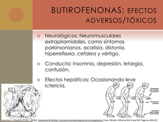 BUTIROFENONAS: EFECTOS
                                                       ADVERSOS / TÓXICOS

                                         Neurológicos: Neuromusculares
                                          extrapiramidales, como síntomas
                                          parkinsonianos, acatisia, distonía,
                                          hiperreflexia, cefalea y vértigo.

                                         Conducta: Insomnio, depresión, letargia,
                                          confusión.

                                         Efectos hepáticos: Ocasionando leve
                                          ictericia.




Laurence L. Brunton, Et Al.; (2006); Goodman & Gilman: Las bases farmacológicas de la terapéutica; 11va. Edición; Editorial Mc Graw Hill; Páginas 428-437
 