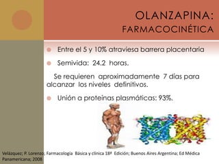OLANZAPINA:
                                                            FARMACOCINÉTICA

                          Entre el 5 y 10% atraviesa barrera placentaria

                          Semivida: 24.2 horas.

                        Se requieren aproximadamente 7 días para
                      alcanzar los niveles definitivos.

                          Unión a proteínas plasmáticas: 93%.




Velázquez; P. Lorenzo; Farmacología Básica y clínica 18ª Edición; Buenos Aires Argentina; Ed Médica
Panamericana; 2008
 
