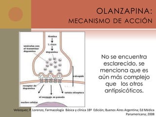 OLANZAPINA:
                                      MECANISMO DE ACCIÓN




                                                            No se encuentra
                                                             esclarecido, se
                                                           menciona que es
                                                           aún más complejo
                                                              que los otros
                                                             antipsicóticos.


Velázquez; P. Lorenzo; Farmacología Básica y clínica 18ª Edición; Buenos Aires Argentina; Ed Médica
                                                                                Panamericana; 2008
 