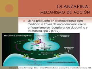 OLANZAPINA:
                                             MECANISMO DE ACCIÓN

                         Se ha propuesto en la esquizofrenia está
                          mediada a través de una combinación de
                          antagonismo en receptores de dopamina y
                          serotonina tipo 2 (5HT2).




Velázquez; P. Lorenzo; Farmacología Básica y clínica 18ª Edición; Buenos Aires Argentina; Ed Médica Panamericana; 2008
 