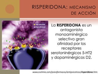 RISPERIDONA: MECANISMO
                                   DE ACCIÓN


                 La RISPERIDONA es un
                      antagonista
                   monoaminérgico
                     selectivo gran
                    afinidad por los
                       receptores
                 serotoninérgicos 5-HT2
                 y dopaminérgicos D2.


www.eutimia.com/psicofarmacos/antipsicoticos/risperidona.htm
 