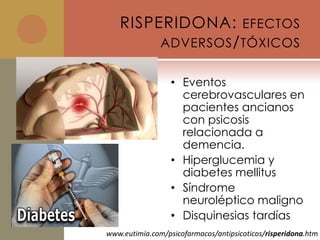 RISPERIDONA: EFECTOS
        ADVERSOS / TÓXICOS


                  • Eventos
                    cerebrovasculares en
                    pacientes ancianos
                    con psicosis
                    relacionada a
                    demencia.
                  • Hiperglucemia y
                    diabetes mellitus
                  • Síndrome
                    neuroléptico maligno
                  • Disquinesias tardías
www.eutimia.com/psicofarmacos/antipsicoticos/risperidona.htm
 