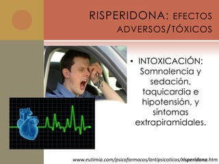 RISPERIDONA: EFECTOS
           ADVERSOS / TÓXICOS


                       • INTOXICACIÓN:
                          Somnolencia y
                             sedación,
                           taquicardia e
                          hipotensión, y
                              síntomas
                        extrapiramidales.



www.eutimia.com/psicofarmacos/antipsicoticos/risperidona.htm
 