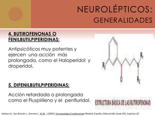 NEUROLÉPTICOS:
                                                                                        GENERALIDADES
      4. BUTIROFENONAS O
      FENILBUTILPIPERIDINAS:

      Antipsicóticos muy potentes y
      ejercen una acción más
      prolongada, como el Haloperidol y
      droperidol.



      5. DIFENILBUTILPIPERIDINAS:

      Acción retardada o prolongada
      como el Fluspirileno y el penfluridol.

Velasco A., San Román L., Serrano J., Et Al. ; (2003); Farmacología Fundamental; Madrid, España; Editorial Mc Graw Hill; Capitulo 20
 