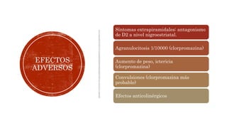 EFECTOS
ADVERSOS
Síntomas extrapiramidales: antagonismo
de D2 a nivel nigroestriatal.
Agranulocitosis 1/10000 (clorpromazina)
Aumento de peso, ictericia
(clorpromazina)
Convulsiones (clorpromazina más
probable)
Efectos anticolinérgicos
 