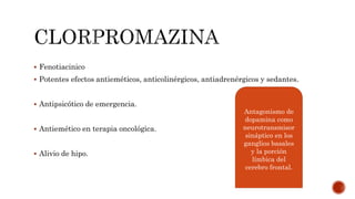  Fenotiacinico
 Potentes efectos antieméticos, anticolinérgicos, antiadrenérgicos y sedantes.
 Antipsicótico de emergencia.
 Antiemético en terapia oncológica.
 Alivio de hipo.
Antagonismo de
dopamina como
neurotransmisor
sináptico en los
ganglios basales
y la porción
límbica del
cerebro frontal.
 