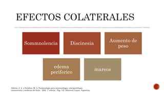 Sommnolencia Discinesia
Aumento de
peso
edema
periferico
mareos
Aldrete, J. A. y Paladino, M. A. Farmacología para anestesiólogos, emergentólogos,
intensivistas y medicina del dolor. 2006. 1ª edición. Pág. 145. Editorial Corpus. Argentina.
 
