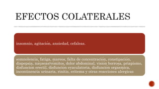 insomnio, agitación, ansiedad, cefaleas.
somnolencia, fatiga, mareos, falta de concentración, constipación,
dispepsia, náuseas/vómitos, dolor abdominal, visión borrosa, priapismo,
disfunción eréctil, disfunción eyaculatoria, disfunción orgásmica,
incontinencia urinaria, rinitis, eritema y otras reacciones alérgicas
 