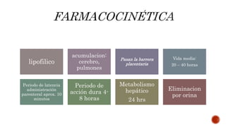 lipofilico
acumulacion:
cerebro,
pulmones
Pasan la barrera
placentaria
Vida media:
20 – 40 horas
Periodo de latencia
administración
parenteral aprox. 10
minutos
Periodo de
acción dura 4-
8 horas
Metabolismo
hepático
24 hrs
Eliminacion
por orina
 