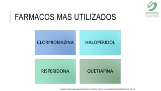 FARMACOS MAS UTILIZADOS
CLORPROMAZINA HALOPERIDOL
RISPERIDONA QUETIAPINA
FARMACOLOGIA PARA ANESTESIOLOGOS P. ALDRETE. CAPITULO 10- FARMACOS NEUROLÉPTICOS PP 138-148
 