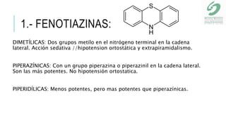 1.- FENOTIAZINAS:
DIMETÍLICAS: Dos grupos metilo en el nitrógeno terminal en la cadena
lateral. Acción sedativa //hipotension ortostática y extrapiramidalismo.
PIPERAZÍNICAS: Con un grupo piperazina o piperazinil en la cadena lateral.
Son las más potentes. No hipotensión ortostatica.
PIPERIDÍLICAS: Menos potentes, pero mas potentes que piperazínicas.
 