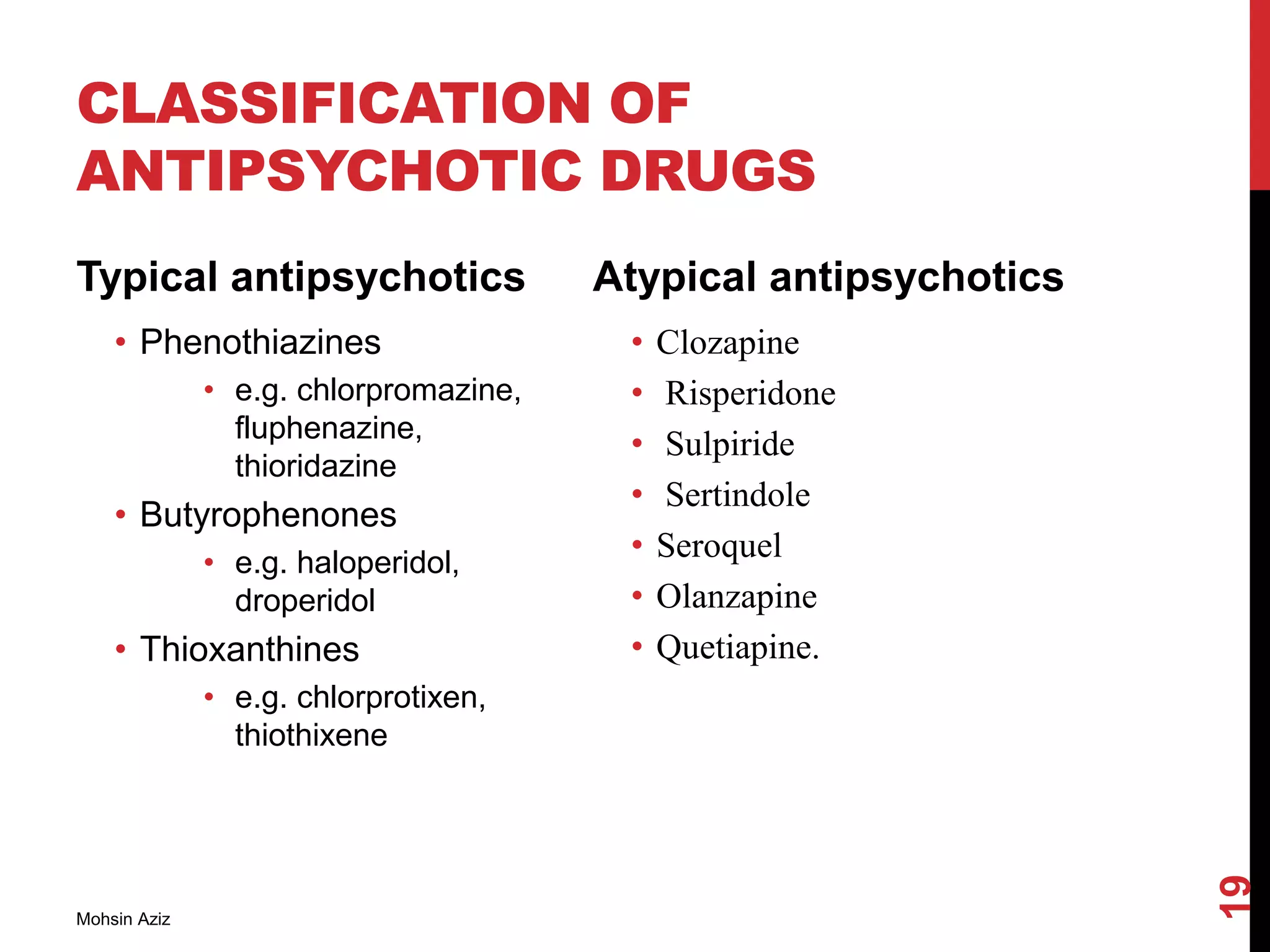 CLASSIFICATION OF
ANTIPSYCHOTIC DRUGS
Typical antipsychotics
• Phenothiazines
• e.g. chlorpromazine,
fluphenazine,
thioridazine
• Butyrophenones
• e.g. haloperidol,
droperidol
• Thioxanthines
• e.g. chlorprotixen,
thiothixene
Atypical antipsychotics
• Clozapine
• Risperidone
• Sulpiride
• Sertindole
• Seroquel
• Olanzapine
• Quetiapine.
Mohsin Aziz
19
 