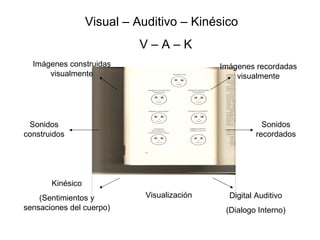 Visual – Auditivo – Kinésico V – A – K  Imágenes construidas visualmente Imágenes recordadas visualmente Sonidos construidos Sonidos recordados Kinésico (Sentimientos y sensaciones del cuerpo) Digital Auditivo (Dialogo Interno) Visualización 