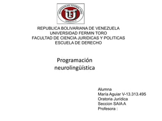 Alumna
María Aguiar V-13.313.495
Oratoria Jurídica
Sección SAIA A
Profesora :
REPUBLICA BOLIVARIANA DE VENEZUELA
UNIVERSIDAD FERMIN TORO
FACULTAD DE CIENCIA JURIDICAS Y POLITICAS
ESCUELA DE DERECHO
Programación
neurolingüística
 