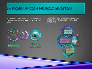 LA PROGRAMACIÓN NEUROLINGÜÍSTICA


SU PROPÓSITO ES SER ÚTIL, INCREMENTAR   SU ESPÍRITU ES DESCUBRIR DÓNDE NO
LAS OPCIONES Y MEJORAR LA CALIDAD DE    FUNCIONA Y CAMBIARLO HASTA QUE
VIDA                                    FUNCIONE.




    SER

                         MISION
 HUMANO
                         DE VIDA
 