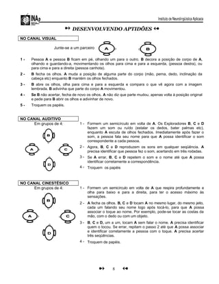DESENVOLVENDO APTIDÕES
NO CANAL VISUAL
Junte-se a um parceiro
1 - Pessoa A e pessoa B ficam em pé, olhando um para o outro. B decora a posição de corpo de A,
olhando e guardando-a, movimentando os olhos para cima e para a esquerda, (pessoa destra), ou
para cima e para a direita (pessoa canhota).
2 - B fecha os olhos. A muda a posição de alguma parte do corpo (mão, perna, dedo, inclinação da
cabeça etc) enquanto B mantém os olhos fechados.
3 - B abre os olhos, olha para cima e para a esquerda e compara o que vê agora com a imagem
lembrada. B adivinha que parte do corpo A movimentou.
4 - Se B não acertar, fecha de novo os olhos. A não diz que parte mudou, apenas volta à posição original
e pede para B abrir os olhos e adivinhar de novo.
5 - Troquem os papéis.
NO CANAL AUDITIVO
Em grupos de 4: 1 -
2 -
3 -
4 -
Formem um semicírculo em volta de A. Os Exploradores B, C e D
fazem um som ou ruído (estalar os dedos, bater palmas etc),
enquanto A escuta de olhos fechados. Imediatamente após fazer o
som, a pessoa fala seu nome para que A possa identificar o som
correspondente a cada pessoa.
Agora, B, C e D reproduzem os sons em qualquer seqüência. A
precisa identificar que pessoa fez o som, acertando em três rodadas.
Se A errar, B, C e D repetem o som e o nome até que A possa
identificar corretamente a correspondência.
Troquem os papéis
NO CANAL CINESTÉSICO
Em grupos de 4: 1 -
2 -
3 -
4 -
Formem um semicírculo em volta de A que respira profundamente e
olha para baixo e para a direita, para ter o acesso máximo às
sensações.
A fecha os olhos. B, C e D tocam A no mesmo lugar, do mesmo jeito,
cada um falando seu nome logo após tocá-lo, para que A possa
associar o toque ao nome. Por exemplo, pode-se tocar as costas da
mão, com o dedo ou com um objeto.
B, C e D, um a um, tocam A sem falar o nome. A precisa identificar
quem o tocou. Se errar, repitam o passo 2 até que A possa associar
e identificar corretamente a pessoa com o toque. A precisa acertar
três seqüências.
Troquem de papéis.
8
 