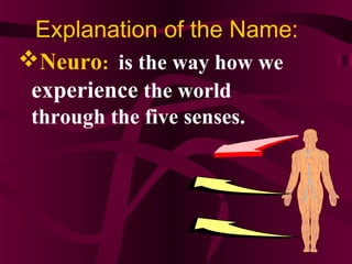 Explanation of the Name:
Neuro: is the way how we
experience the world
through the five senses.
 