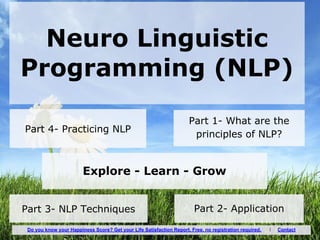 Neuro Linguistic
Programming (NLP)
Part 1- What are the
principles of NLP?
Part 2- ApplicationPart 3- NLP Techniques
Part 4- Practicing NLP
Explore - Learn - Grow
Do you know your Happiness Score? Get your Life Satisfaction Report. Free, no registration required. I Contact
 