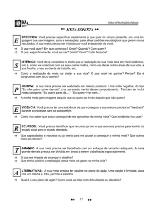 17
META ESPERTA
E
SPECÍFICA: Você precisa especificar exatamente o que quer no tempo presente, em uma lin-
guagem que use imagens, sons e sensações, para ativar padrões neurológicos que gerem novos
resultados. A sua meta precisa ser iniciada por você e depender de você.
O que você quer? Em que contextos? Onde? Quando? Com quem?
O que, especificamente, você vai ver? Sentir? Ouvir? Estar fazendo?
S
ISTÊMICA: Você deve considerar o efeito que a realização da sua meta terá em nível sistêmico,
isto é, como vai combinar com as suas outras metas, como vai afetar outras áreas de sua vida, a
sua família, o seu ambiente de trabalho etc.
Como a realização da meta vai afetar a sua vida? O que você vai ganhar? Perder? Ela é
congruente com seus valores?
P
OSITIVA: A sua meta precisa ser elaborada em termos positivos. Uma meta negativa, do tipo
"Eu não quero comer demais", cria um ensaio mental desse comportamento. Também se inclui
nesta categoria: "Eu quero parar de...," "Eu quero viver sem...”
A minha meta gera imagens daquilo que eu quero ao invés daquilo que não quero?
E
VIDÊNCIA: Você precisa ter uma evidência de que conseguiu a sua meta e precisa ter "feedback"
durante o processo para se autocorrigir.
Como vou saber que estou conseguindo me aproximar da minha meta? Que evidência vou usar?
R
ECURSOS: Você precisa identificar que recursos já tem e que recursos precisa para levá-lo do
estado atual para o estado desejado.
Que capacidades e recursos eu já tenho para me ajudar a conseguir a minha meta? Que outros
mais eu preciso?
T
AMANHO: A sua meta precisa ser trabalhada com um enfoque de tamanho adequado. A meta
grande demais precisa ser dividida em áreas a serem trabalhadas separadamente.
O que me impede de alcançar o objetivo?
Que efeito positivo a realização desta meta vai gerar na minha vida?
A
LTERNATIVAS: A sua meta precisa ter opções no plano de ação. Uma opção é limitada; duas
cria um dilema e, três, permite a escolha.
Qual é o seu plano de ação? Como você vai lidar com dificuldades ou desafios?
 