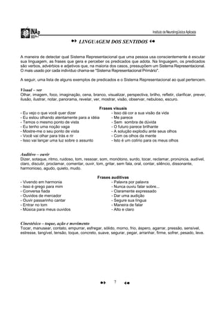 7
LINGUAGEM DOS SENTIDOS
A maneira de detectar qual Sistema Representacional que uma pessoa usa conscientemente é escutar
sua linguagem, as frases que gera e perceber os predicados que adota. Na linguagem, os predicados
são verbos, advérbios e adjetivos que, na maioria dos casos, pressupõem um Sistema Representacional.
O mais usado por cada indivíduo chama-se "Sistema Representacional Primário".
A seguir, uma lista de alguns exemplos de predicados e o Sistema Representacional ao qual pertencem.
Visual – ver
Olhar, imagem, foco, imaginação, cena, branco, visualizar, perspectiva, brilho, refletir, clarificar, prever,
ilusão, ilustrar, notar, panorama, revelar, ver, mostrar, visão, observar, nebuloso, escuro.
Frases visuais
- Eu vejo o que você quer dizer
- Eu estou olhando atentamente para a idéia
- Temos o mesmo ponto de vista
- Eu tenho uma noção vaga
- Mostre-me o seu ponto de vista
- Você vai olhar para trás e rir
- Isso vai lançar uma luz sobre o assunto
- Isso dá cor a sua visão da vida
- Me parece
- Sem sombra de dúvida
- O futuro parece brilhante
- A solução explodiu ante seus olhos
- Com os olhos da mente
- Isto é um colírio para os meus olhos
Auditivo – ouvir
Dizer, sotaque, ritmo, ruidoso, tom, ressoar, som, monótono, surdo, tocar, reclamar, pronúncia, audível,
claro, discutir, proclamar, comentar, ouvir, tom, gritar, sem fala, oral, contar, silêncio, dissonante,
harmonioso, agudo, quieto, mudo.
Frases auditivas
- Vivendo em harmonia
- Isso é grego para mim
- Conversa fiada
- Ouvidos de mercador
- Ouvir passarinho cantar
- Entrar no tom
- Música para meus ouvidos
- Palavra por palavra
- Nunca ouviu falar sobre...
- Claramente expressado
- Dar uma audição
- Segure sua língua
- Maneira de falar
- Alto e claro
Cinestésico – toque, ação e movimento
Tocar, manusear, contato, empurrar, esfregar, sólido, morno, frio, áspero, agarrar, pressão, sensível,
estresse, tangível, tensão, toque, concreto, suave, segurar, pegar, arranhar, firme, sofrer, pesado, leve.
 