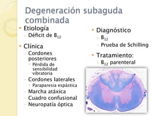 Degeneración subaguda
    combinada
   Etiología                     Diagnóstico
    ◦ Déﬁcit de B12                ◦ B12
   Clínica                        ◦ Prueba de Schilling
    ◦ Cordones                    Tratamiento:
      posteriores
      Pérdida de                  ◦ B12 parenteral
       sensibilidad
       vibratoria
    ◦ Cordones laterales
      Paraparesia espástica
    ◦ Marcha atáxica
    ◦ Cuadro confusional
    ◦ Neuropatía óptica
 