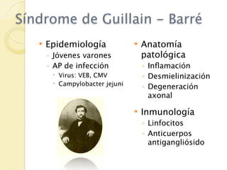 Síndrome de Guillain - Barré
      Epidemiología                Anatomía
       ◦ Jóvenes varones             patológica
       ◦ AP de infección             ◦ Inﬂamación
         Virus: VEB, CMV            ◦ Desmielinización
         Campylobacter jejuni
                                     ◦ Degeneración
                                       axonal

                                    Inmunología
                                     ◦ Linfocitos
                                     ◦ Anticuerpos
                                       antigangliósido
 