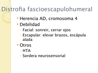 Distroﬁa fascioescapulohumeral
      Herencia AD, cromosoma 4
      Debilidad
         ◦ Facial: sonreir, cerrar ojos
         ◦ Escapular: elevar brazos, escápula
           alada
        Otros
         ◦ HTA
         ◦ Sordera neurosensorial
 
