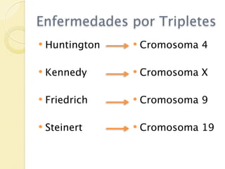 Enfermedades por Tripletes
   Huntington      Cromosoma 4

   Kennedy         Cromosoma X

   Friedrich       Cromosoma 9

   Steinert        Cromosoma 19
 