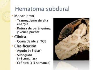 Hematoma subdural
   Mecanismo
    ◦ Traumatismo de alta
      energía
    ◦ Rotura de parénquima
      y venas puente
   Clínica
    ◦ Coma desde el TCE
   Clasiﬁcación
    ◦ Agudo (<3 días)
    ◦ Subagudo
      (<3semanas)
    ◦ Crónico (>3 semanas)
 