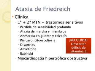 Ataxia de Friedreich
   Clínica
    ◦ 1ª + 2ª MTN + trastornos sensitivos
        Pérdida de sensibilidad profunda
        Ataxia de marcha y miembros
        Anestesia en guante y calcetín
        Pie cavo, cifoescoliosis       ¡RECUERDA!
        Disartrias                       Descartar
        Amiotroﬁa                        déﬁcit de
                                         vitamina E
        Babinski
    ◦ Miocardiopatía hipertróﬁca obstructiva
 