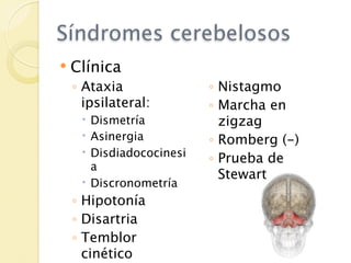 Síndromes cerebelosos
   Clínica
    ◦ Ataxia              ◦ Nistagmo
      ipsilateral:        ◦ Marcha en
      Dismetría            zigzag
      Asinergia          ◦ Romberg (-)
      Disdiadococinesi
                          ◦ Prueba de
       a
                            Stewart
      Discronometría
    ◦ Hipotonía
    ◦ Disartria
    ◦ Temblor
      cinético
 