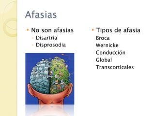 Afasias
   No son afasias      Tipos de afasia
    ◦ Disartria          Broca
    ◦ Disprosodia        Wernicke
                         Conducción
                         Global
                         Transcorticales
 