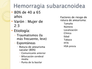 Hemorragia subaracnoidea
   80% de 40 a 65
    años                        Factores de riesgo de
                                rotura de aneurisma:
   Varón : Mujer de              Tamaño
    2:3                           Número
   Etiología:                    Localización
                                  Clínica
    ◦ Traumatismos (la            Edad
      más frecuente, leve)        Tabaco
    ◦ Espontáneas                 HTA
      Rotura de aneurisma        HSA previa
       sacular (80%)
        Comunicante anterior
        Bifurcación cerebral
         media
        Punta de la basilar
 
