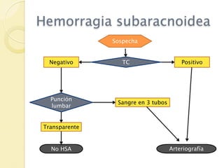 Hemorragia subaracnoidea
               Sospecha


  Negativo        TC                    Positivo




  Punción
                Sangre en 3 tubos
  lumbar


Transparente


  No HSA                            Arteriografía
 
