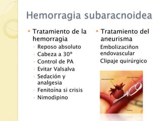 Hemorragia subaracnoidea
   Tratamiento de la          Tratamiento del
    hemorragia                  aneurisma
    ◦ Reposo absoluto           Embolizaciñon
    ◦ Cabeza a 30º              endovascular
    ◦ Control de PA             Clipaje quirúrgico
    ◦ Evitar Valsalva
    ◦ Sedación y
      analgesia
    ◦ Fenitoína si crisis
    ◦ Nimodipino
 