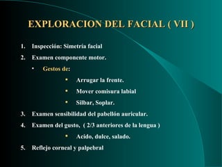 EXPLORACION DEL FACIAL ( VII ) Inspección: Simetría facial Examen componente motor. Gestos de :  Arrugar la frente. Mover comisura labial Silbar, Soplar. Examen sensibilidad del pabellón auricular. Examen del gusto,  ( 2/3 anteriores de la lengua ) Acido, dulce, salado. 5. Reflejo corneal y palpebral 