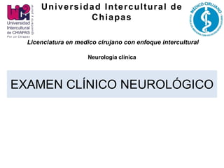 Universidad Intercultural de
Chiapas
Licenciatura en medico cirujano con enfoque intercultural
EXAMEN CLÍNICO NEUROLÓGICO
Neurología clínica
 