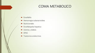 COMA METABOLICO
 Encefalitis
 Hemorragia subaracnoidea
 Nutricionales
 Encefalopatia hepatica
 Uremia y dialisis
 EPOC
 Trastornos endocrinos
 
