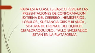 PARA ESTA CLASE ES BASICO REVISAR LAS
PRESENTACIONES DE CONFORMACION
EXTERNA DEL CEREBRO , HEMISFERIOS ,
LOBULOS , SUSTANCIA GRIS Y BLANCA ,
SISTEMA DE DRENAJE DEL LIQUIDO
CEFALORAQQUIDEO , TALLO ENCEFALICO
.ESTAN EN LA PLATAFORMA
 